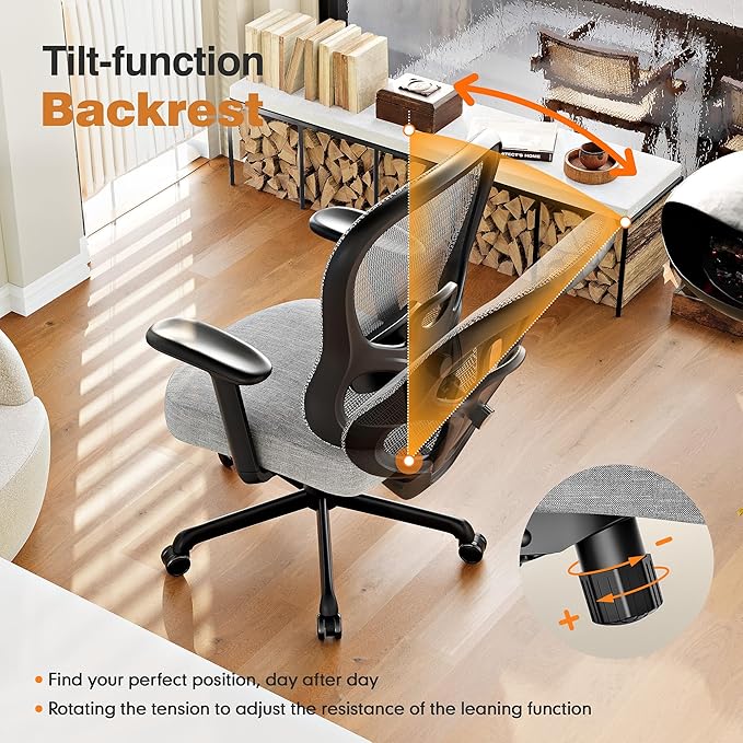 ELABEST Ergonomic Office Chair,Home Desk Chair with Mesh Back,Adjustable Lumbar Support,Built-in Springs Wide Seat,Executive Task Chair with 3-D Big Armrests,Tilt Function,Computer Desk Chair (Grey)