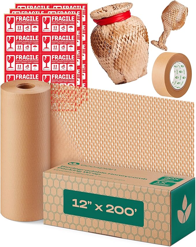 Honeycomb Packing Paper | Extra Thick 90 GSM Packing Wrap | Biodegradable Packing Materials: 12” x 200’ Moving Paper + 195’ Cellulose Adhesive Tape + 30 Fragile Stickers | Paper Bubble Wrap