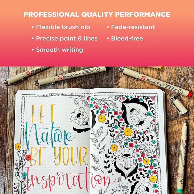 SAKURA Pigma Sketch Brush - Archival Ink Sketching Pens - Art Pens for Calligraphy, Hand Lettering & Writing - Assorted Archival Colors - 8 Pack