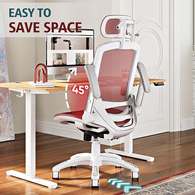 GABRYLLY Ergonomic Office Chair, High Back Home Desk Chair with Headrest, Flip-Up Arms, 90-120° Tilt Lock and Wide Cushion, 400LBS Mesh Chairs for Man Woman, White Task Chair(Red,GY01WR)