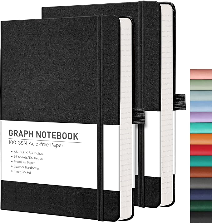 RETTACY Graph Grid Paper Notebook, 2-Pack, 192 Pages per Pack, A5 Medium Size (5.7'' x 8.3''), Leather Hardcover, 100 GSM Thick Paper, for School, Students, Math, Engineering (Black & Black)