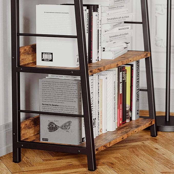 IRONCK Industrial Bookshelves and Bookcases, Ladder Shelf 5 Tiers with Metal Frame for Living Room, Home Office, Rustics Brown