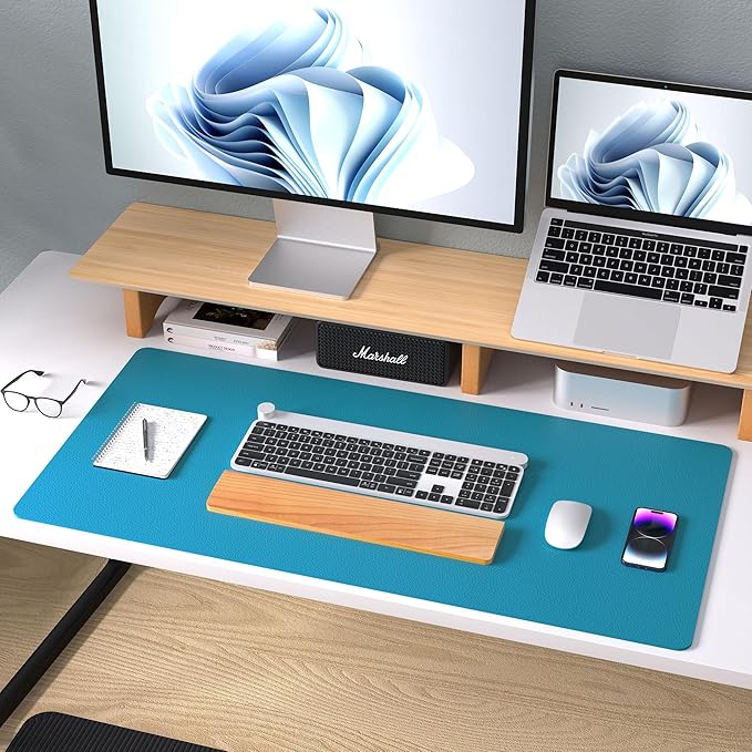 Aothia Leather Desk Pad Protector, Mouse Pad, Office Desk Mat, Non-Slip PU Leather Desk Blotter, Laptop Desk Pad, Waterproof Desk Writing Pad for Office and Home (Turquoise,23.6" x 13.7")