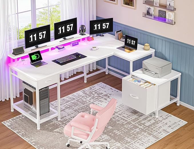 L Shaped Computer Desk with Drawers, Gaming Desk with LED Lights & Monitor Shelf, Office Desks with Power Outlets, Corner Desks for Home Office, Study Room and Bedroom, White