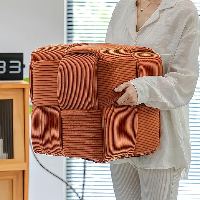 Ottoman Foot Rest Soft and Comfortable Ottoman Square Corduroy Woven Design Sofa Stool (Orange)