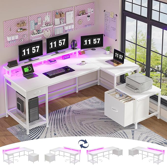 L Shaped Computer Desk with Drawers, Gaming Desk with LED Lights & Monitor Shelf, Office Desks with Power Outlets, Corner Desks for Home Office, Study Room and Bedroom, White