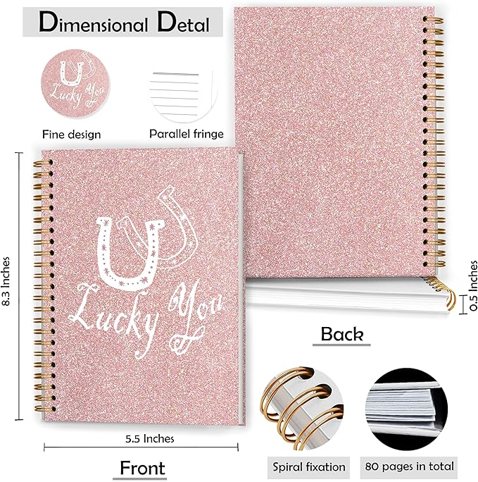 Lucky You Notebook, Preppy Aesthetic Journal, Preppy Pink Girly Cute Journals for Women, Sparkle Rose Gold Glitter Spiral Notebooks 5.5x8.3 Inch