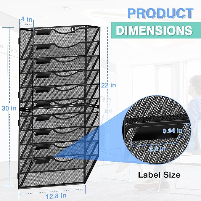 Kuntine.B Wall File Organizer Office Hanging Magazine Holder Wall File Organizer for Office Home (Black, 10 Tier)
