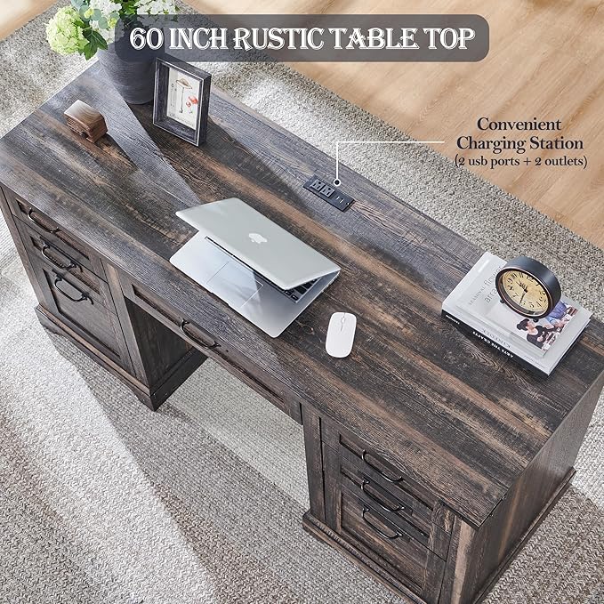 RedLemon 60" Executive Desk, Farmhouse Home Office Desk with Drawers, Charging Station, Keyboard Tray, File Drawer, Storage Cabinet, Wood Rustic Computer Writing Desk (Dark Rustic Oak)