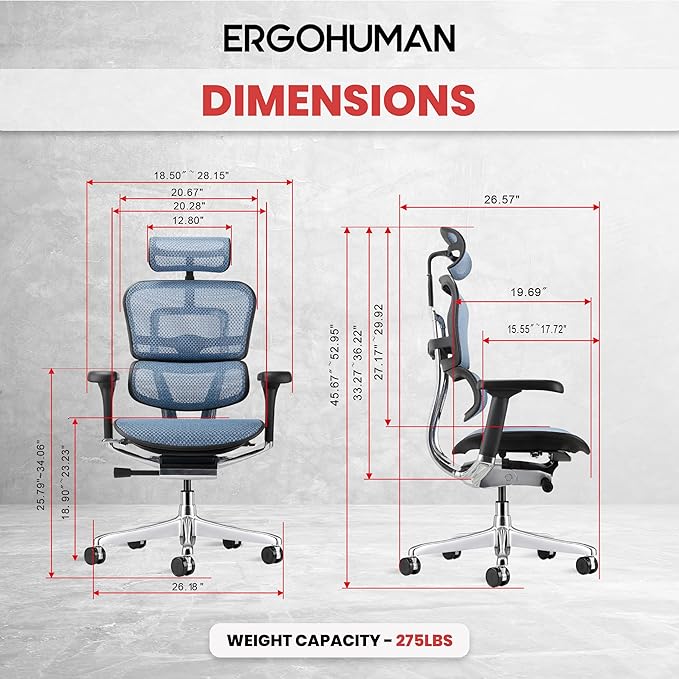 Ergohuman Eurotech ME7ERG GEN2 High Back Mesh Office Chair with Tilt Tension Control, Tilt Lock, Back Angle, Back Height, Synchro Tilt, Seat Height, Seat Depth, and Arm Height Adjustments, Blue