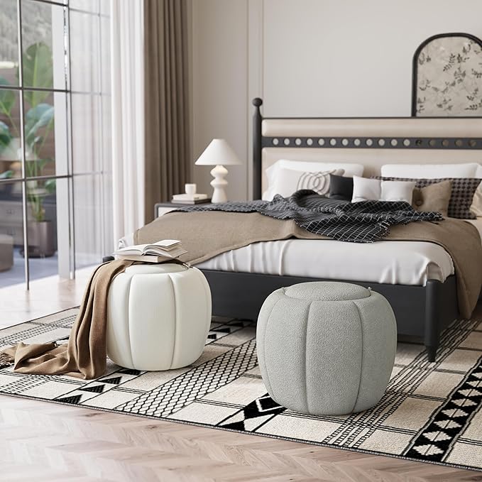 Storage Ottoman, Round Ottoman with Storage, Upholstered Soft Vanity Stool for Living Room, Foot Stool for Bedroom, Entryway (Light Gray)