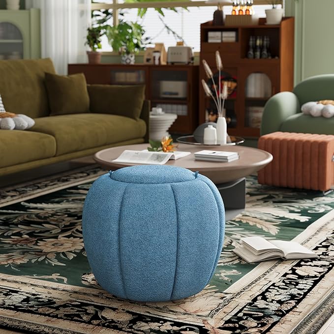 Storage Ottoman, Round Ottoman with Storage, Upholstered Soft Vanity Stool for Living Room, Foot Stool Ottoman for Bedroom, Entryway (Navy Blue)