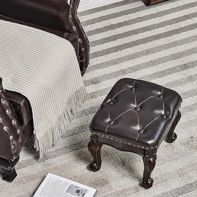 Foot Stool Ottoman Foot Rest Microfiber Leather Upholstered Footstool for Sofa, Living Room, Entryway, Solid Wood Stool (Dark Brown)