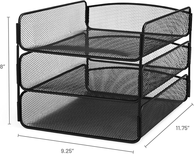 Safco Onyx Desk Organizer, 3 Trays, Office and Classroom Mailbox, Paper and Mail Sorter, Steel Mesh, Black
