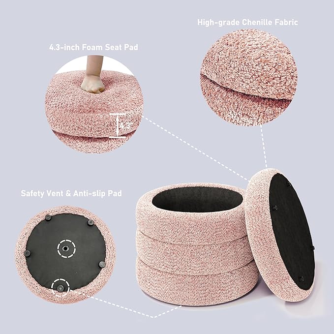 Storage Ottoman, Round Ottoman with Storage, Vanity Stool Foot Rest with Removable Lid, Round Boucle Upholstered for Living Room Pouf Footstool (Pink)
