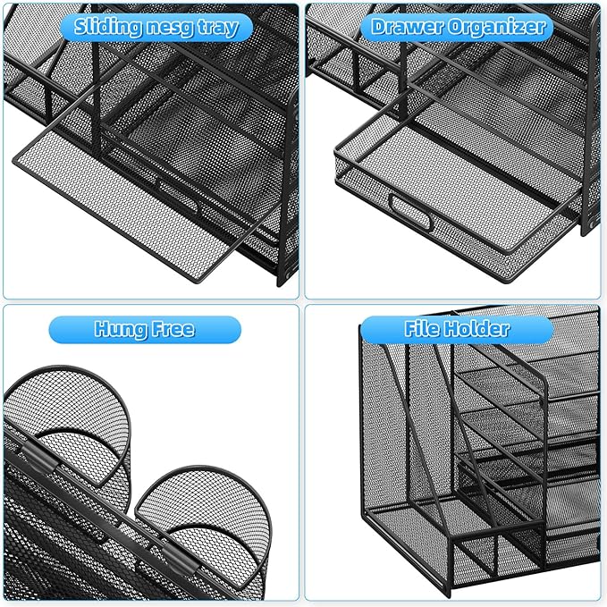 Lavatino Desk Organizer with File Holder, 5-Tier Paper Letter Tray Organizer with Sliding Drawer and 2 Pen Holder, Mesh Desktop File Organizer for Office Supplies (Black)