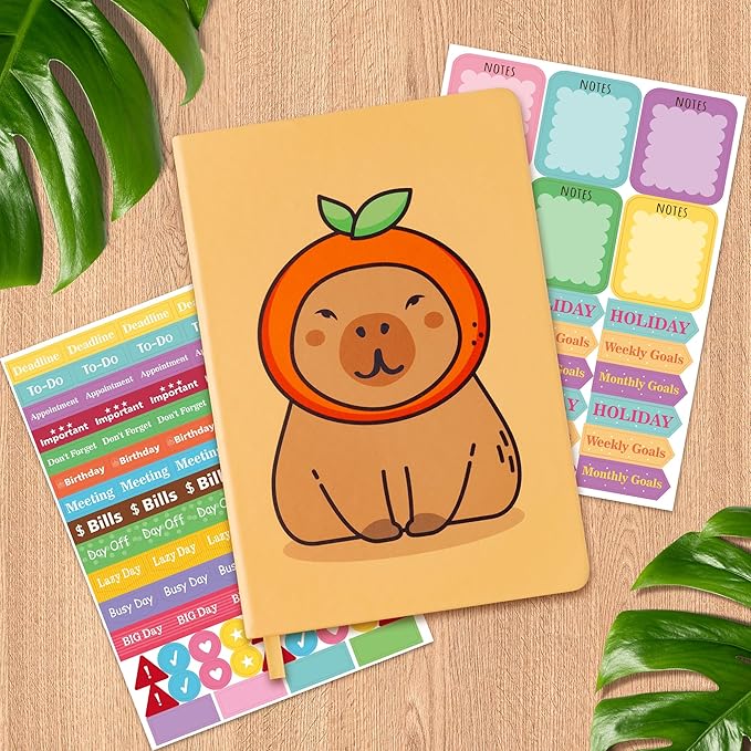 B1ykin Hardcover Ruled Journal Notebook with Planner Stickers, 196 Pages PU Leather Journal Notebook Journals Diary Notepad for Writing Travel Business Work School College Note Taking (Capybara)