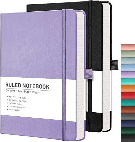RETTACY Lined Journal Notebook, 2-Pack, 192 Numbered Pages per Pack, A5 Medium Size (5.7'' x 8.3''), for Men & Women, Writing, Work, Leather Hardcover, 100 GSM Thick Paper (Black & Purple)