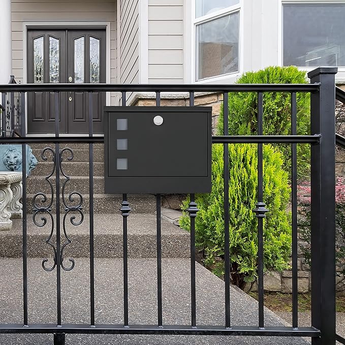 LAND·VOI Locking Mailbox Wall Mounted, Metal Postbox with Three Sets of Mail Box Number Stickers, 4 Keys, 14.4" x 4.5" x 11.2", Large Capacity, Black, AMB11B