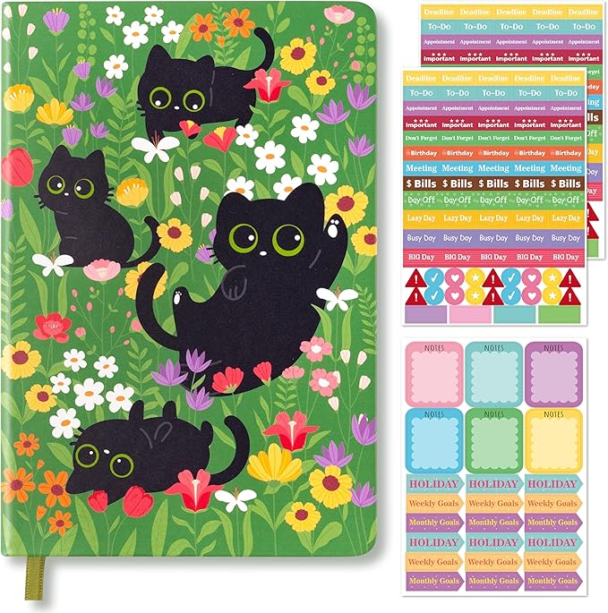 B1ykin Hardcover Ruled Journal Notebook with Planner Stickers, 196 Pages PU Leather Journal Notebook Journals Diary Notepad for Writing Travel Business Work School College Taking (Black Cat Floral)