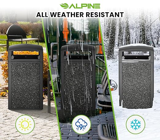 Alpine Outdoor Commercial Trash Can with Lid - 40 Gallon Heavy Duty Metal Garbage Can with Removable Bin, Locking Lid for a Modern Look in Park, Mall & High Traffic Areas - Black, Grey Stone Panels