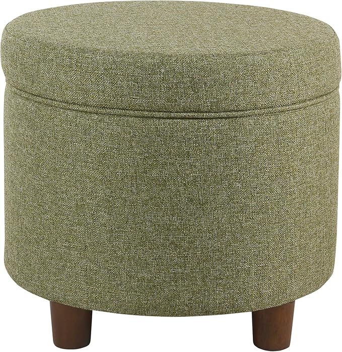 HomePop Home Decor | Upholstered Round Storage Ottoman | Ottoman with Storage for Living Room & Bedroom, Green Tweed