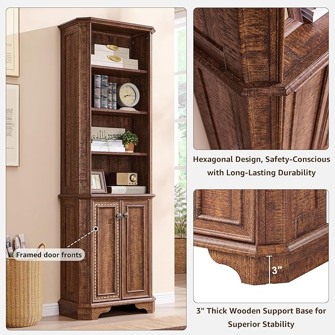 T4TREAM 6-Tier Bookshelf with Storage, 72" Tall Farmhouse Bookcase with Doors and Adjustable Shelves, Wooden Floor Standing Display Book Shelf Organizer for Home Office, Reclaimed Barnwood