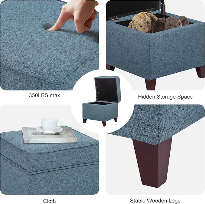 Adeco 17" Square Ottoman with Storage, Small Blue Storage Ottoman Foot Rest with Hinged Lid & Solid Wood Legs, Linen Fabric Foot Stool for Living Room & Bedroom