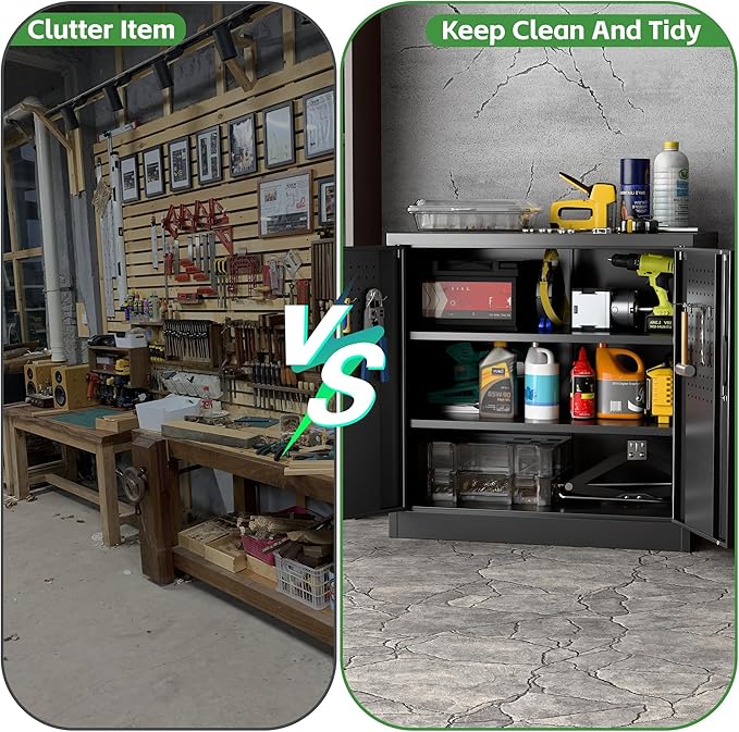 Aobabo 31.5" H Small Garage Storage Cabinet with Pegboard,Lockable File Storage Cabinet with 2 Adjustable Shelves for Garage, Office, School, Assembly Require, Black