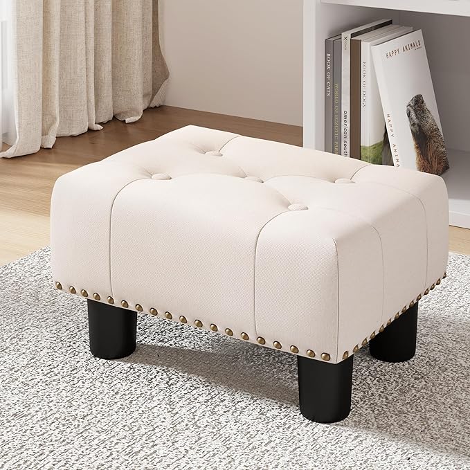 LUE BONA Small Tufted Foot Stool, Beige Rivet Fabric Ottoman with Plastic Legs, 9''H, Rectangle Footstool for Adult with Non-Slip Pads, Sofa Foot Rest for Living Room, Couch