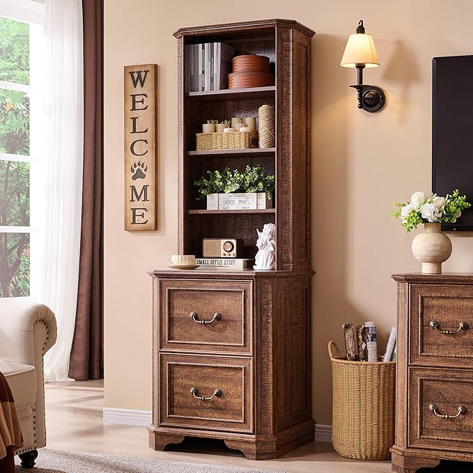 T4TREAM 6-Tier Bookcase with 2 File Drawers, 72" Tall Farmhouse Bookshelf with Storage & Adjustable Shelves, Wooden Floor Standing Display Book Shelf Organizer for Home Office, Reclaimed Barnwood