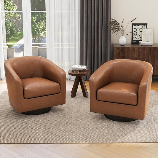UIXE Faux Leather Swivel Accent Chairs Set of 2, Modern Upholstered Barrel Chairs for Living Room, Comfy Round Armchair Single Sofa Bedroom Reading Seat - 31" W, Brown