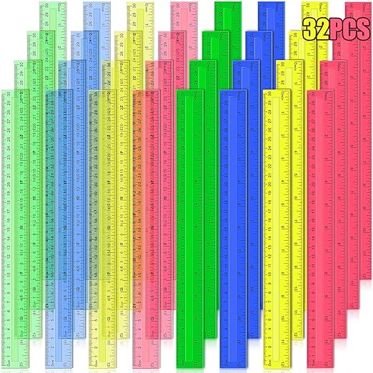 12 Inch Plastic Rulers, 32 PCS Transparent Assorted Color Metric Bulk Rulers with Inches Centimeters Millimeter. Measuring Drawing Tool for Kids, Ideal Back to School Office Home Supplies