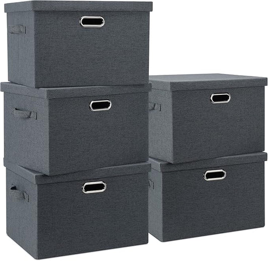 Large 17" 36 Quart Collapsible Stackable Storage Bins with Lids, 5 Packs Dark Gray Foldable Fabric Closet Storage Boxes with Lids Heavy-duty Linen Cube Baskets(17 x 12 x 11)