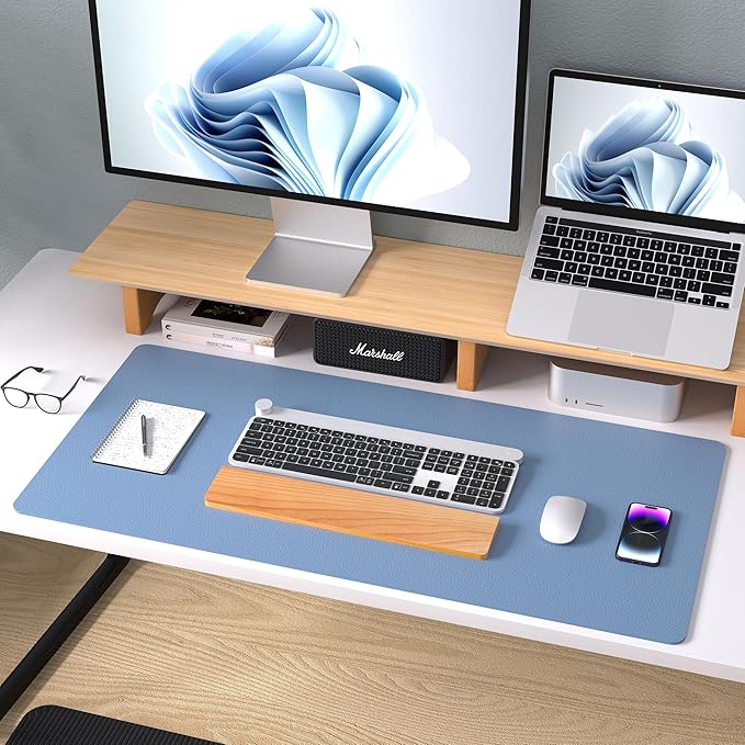 Aothia Leather Desk Pad Protector, Large Mouse Pad, Office Desk Mat, Non-Slip PU Leather Desk Blotter, Laptop Desk Pad, Waterproof Desk Writing Pad for Office and Home (Denim Blue, 23.6" x 13.7")