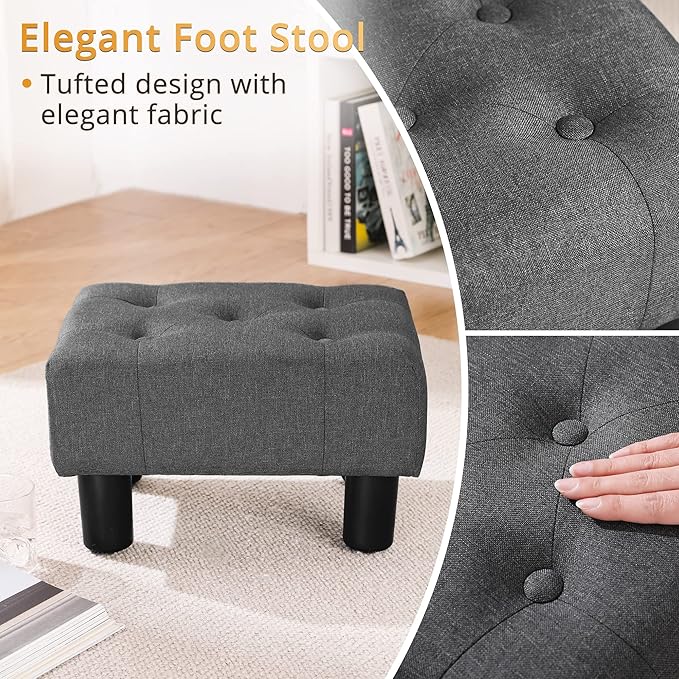 LUE BONA Small Tufted Foot Stool, Fabric Foot Stools Ottoman with Plastic Legs, 9''H, Rectangle Footstool for Adult with Non-Slip Pads, Sofa Foot Rest for Living Room, Couch,Carbon Grey