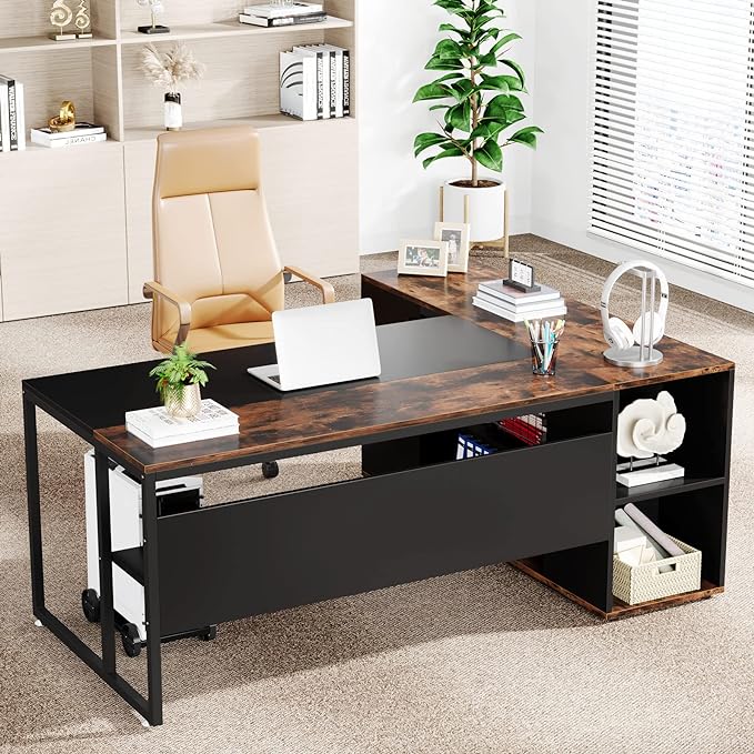 Tribesigns 71 inch Executive Desk, L Shaped Desk with Cabinet Storage, Executive Office Desk with Shelves, Business Furniture Workstation for Home Office, Brown and Black