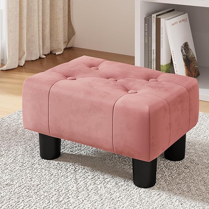 LUE BONA Small Foot Stool Ottoman, Velvet Tufted Footrest with Plastic Legs, 9''H, Rectangle Foot Stools for Adult with Non-Slip Pads, Footstool for Living Room,Couch, Pink