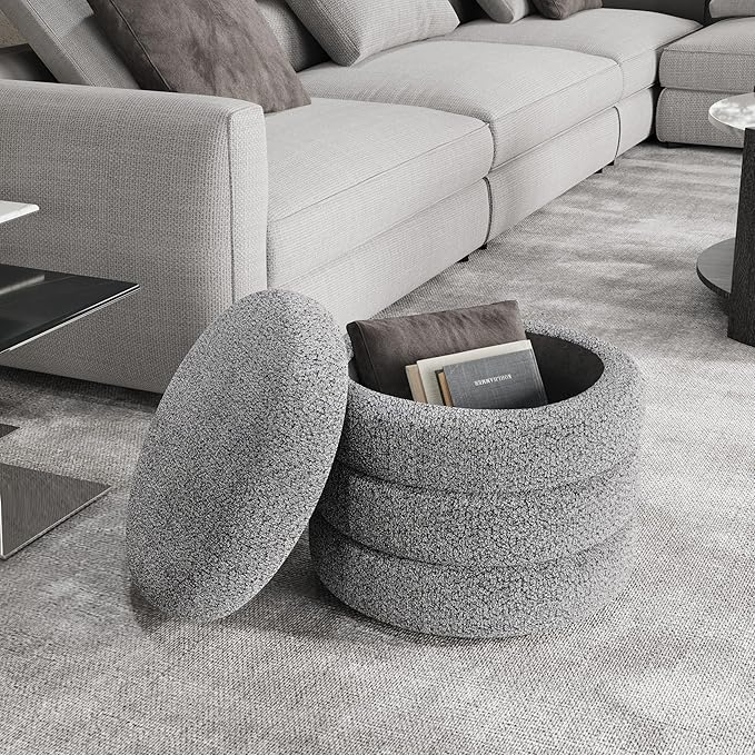 Storage Ottoman, Round Ottoman with Storage, Vanity Stool Foot Rest with Removable Lid, Round Boucle Upholstered for Living Room Pouf Footstool
