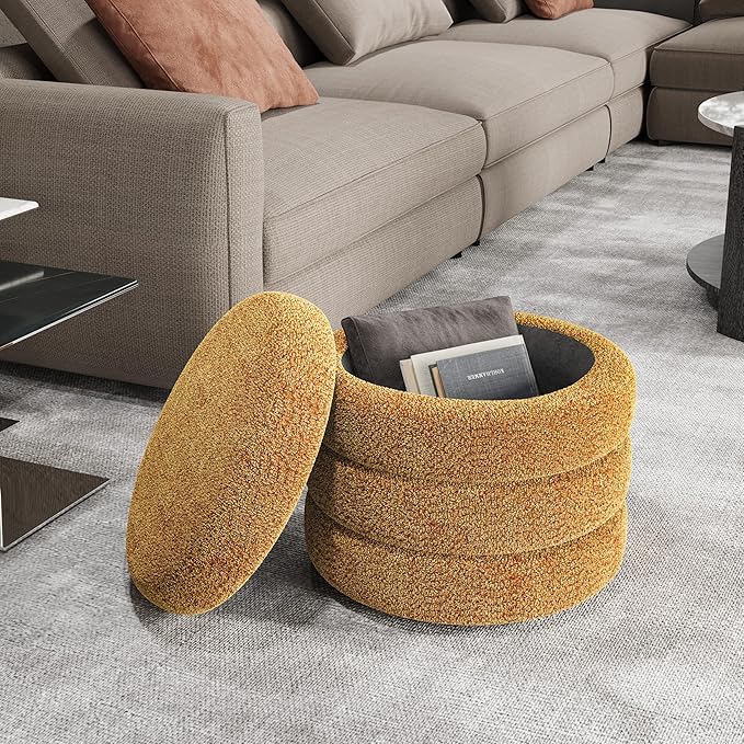 Storage Ottoman, Round Ottoman with Storage, Vanity Stool Foot Rest with Removable Lid, Round Boucle Upholstered for Living Room Pouf Footstool